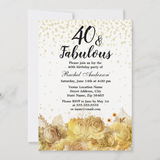 Gold Flowers Glitter 40 en Fabulous 40th Birthday Kaart (Voorkant)