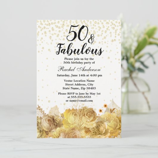 Gold Flowers Glitter 50 en Fabulous 50th Birthday Kaart (Staand voorkant)