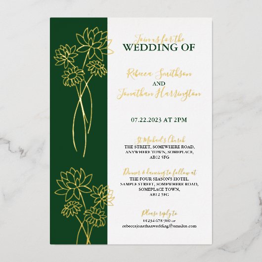 Gold Flowers Green Photo Wedding Folie Uitnodiging (Voorkant)