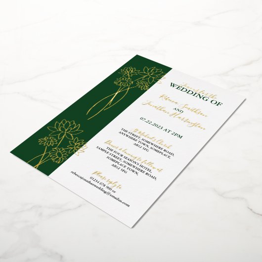 Gold Flowers Green Photo Wedding Folie Uitnodiging (Gedraaid)