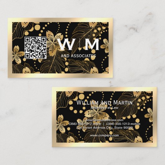 Gold Flowers Monogram | QR-CODE-Visitekaartje Visitekaartje (Voorkant / Achterkant)