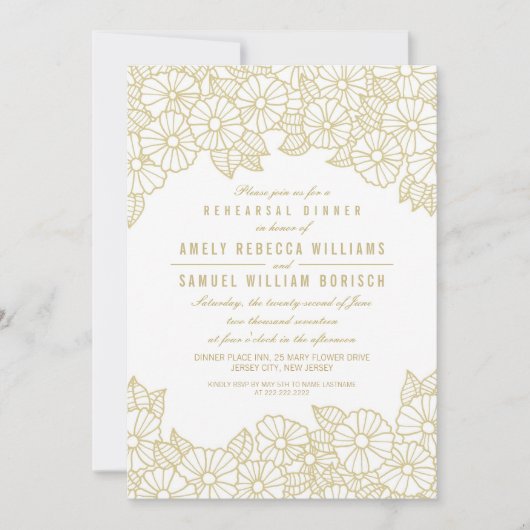 Gold Flowers on White Rehearings Dinner Invitation Kaart (Voorkant)