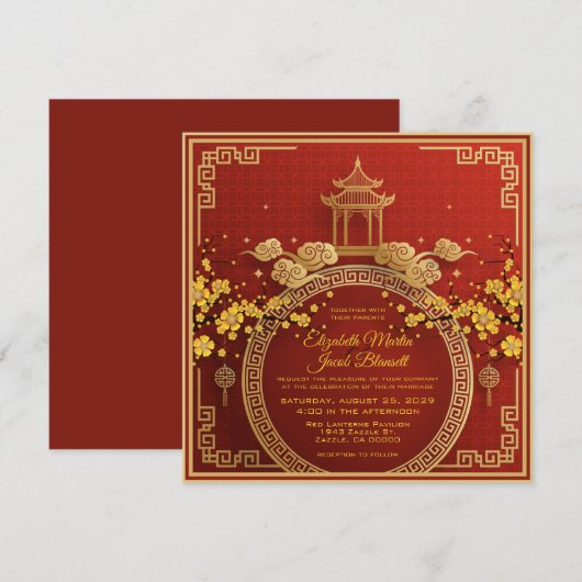 Gold Flowers & Pagoda Red Chinese Wedding Invitati Kaart (Voorkant / Achterkant)
