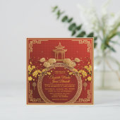 Gold Flowers & Pagoda Red Chinese Wedding Invitati Kaart (Staand voorkant)