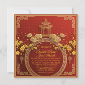 Gold Flowers & Pagoda Red Chinese Wedding Invitati Kaart (Voorkant)