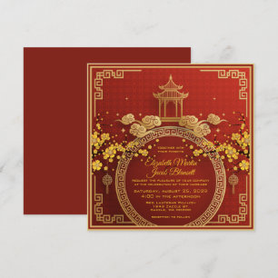 Gold Flowers & Pagoda Red Chinese Wedding Invitati Kaart