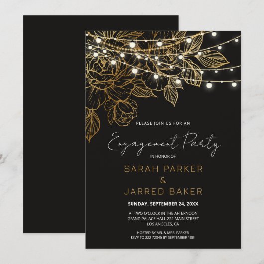 Gold Flowers String Lights Bruiloft Verloving Kaart (Voorkant / Achterkant)