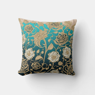 Gold Flowers Turquoise Background Sierkussen