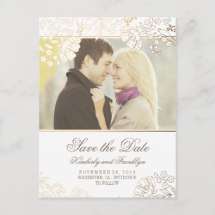 Gold Flowers White  Foto Save the Date Aankondigingskaart