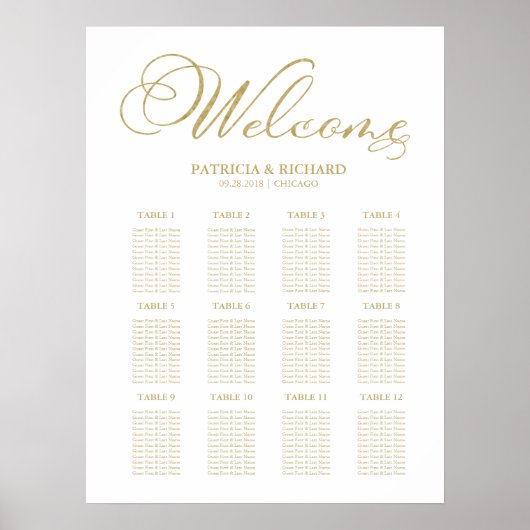 Gold Foil 12 Tables Wedding Seating Chart Poster (Voorkant)