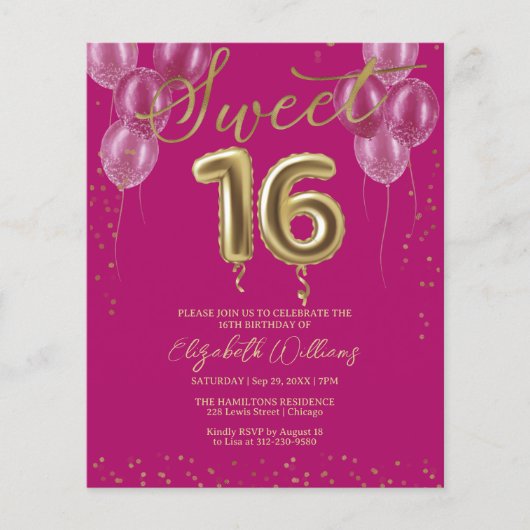 Gold Foil 16-daagse ballonnen Roze budgetuitnodigi (Voorkant)
