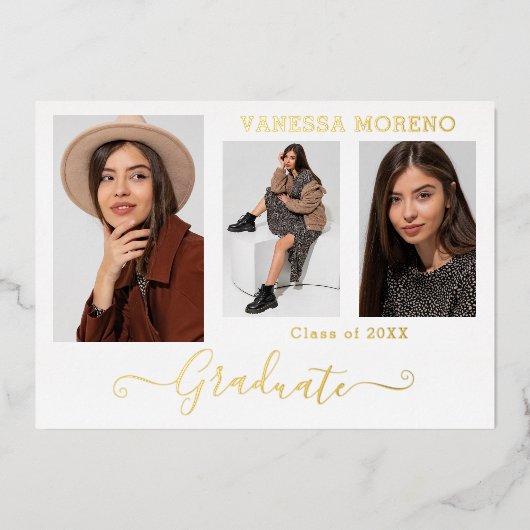 Gold Foil 3 Foto Modern Calligraphy Afstudeerder K Folie Uitnodiging (Voorkant)