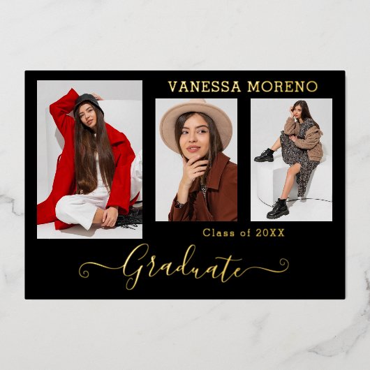 Gold Foil 3 Foto Modern Calligraphy Afstudeerder K Folie Uitnodiging (Voorkant)