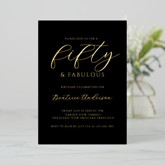 Gold Foil 50 and Fabulous Black Folie Uitnodiging (Staand Voorkant)