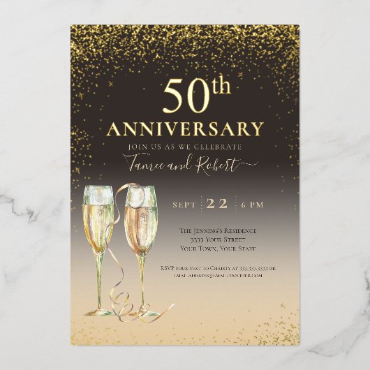 Gold Foil 50th Glitter Champagne Jubileum Folie Uitnodiging (Voorkant)
