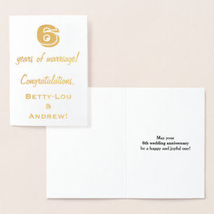 Gold Foil 6th Wedding Jubileum + aangepaste namen Folie Kaarten