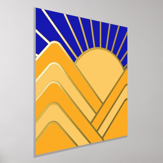 Gold Foil Abstract Landschap Blue Yellow Mountains Folie Afdrukken (Laagn)