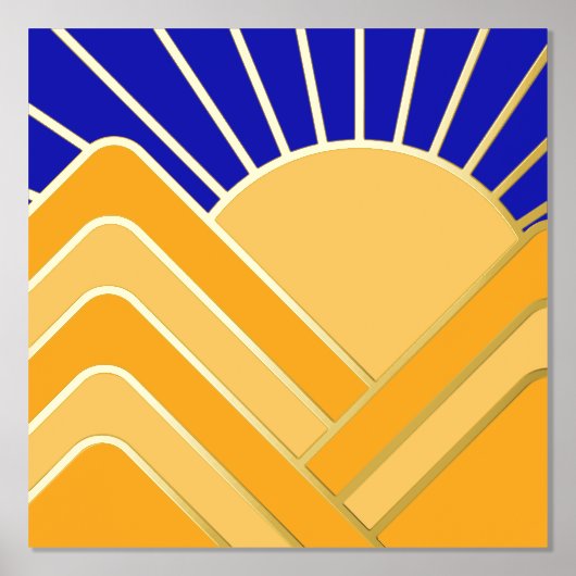 Gold Foil Abstract Landschap Blue Yellow Mountains Folie Afdrukken (Voorkant)