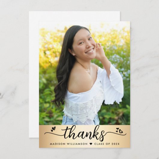 Gold Foil Afstuderen Foto modern Script Hearts Bedankkaart (Voorkant / Achterkant)