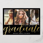 Gold Foil Afstuderen Script 3-Photo Afstuderen Folie Uitnodiging (Voorkant)