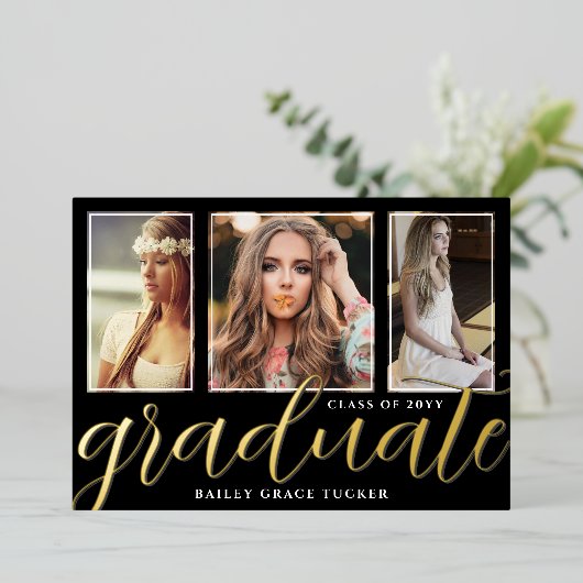Gold Foil Afstuderen Script 3-Photo Afstuderen Folie Uitnodiging (Staand Voorkant)