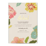 Gold Foil Aloha Hawaiian Graduation Invitations Folie Uitnodiging<br><div class="desc">Helder en kleurrijk Hawaiiaans bloemontwerp met vettige bloemdetails in roze,  blauwgroen en geel langs moderne marinesypografie op een ivoren gekleurde achtergrond. Deze uitnodigingen zijn de perfecte manier om een afstuderen te vieren,  een verjaardag,  Luau,  een achtertuin- of een eenvoudige zomerviering.</div>