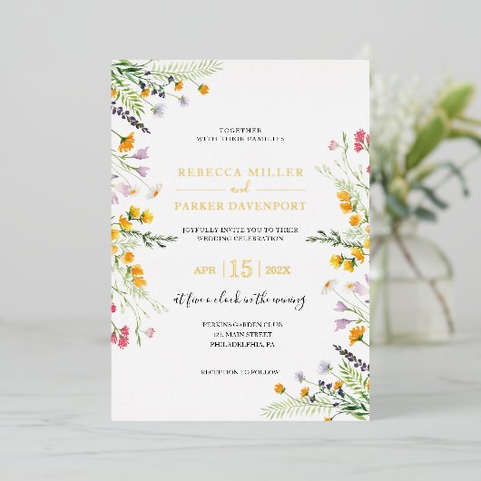 Gold foil anf wilde bloemen bruiloft folie feestdagenkaart (Staand Voorkant)
