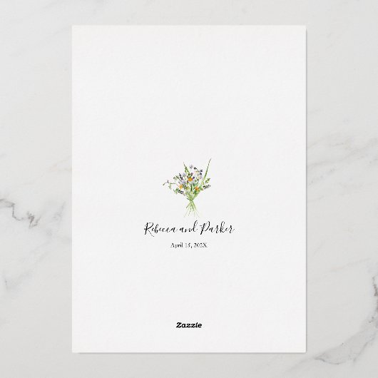 Gold foil anf wilde bloemen bruiloft folie feestdagenkaart (Achterkant)