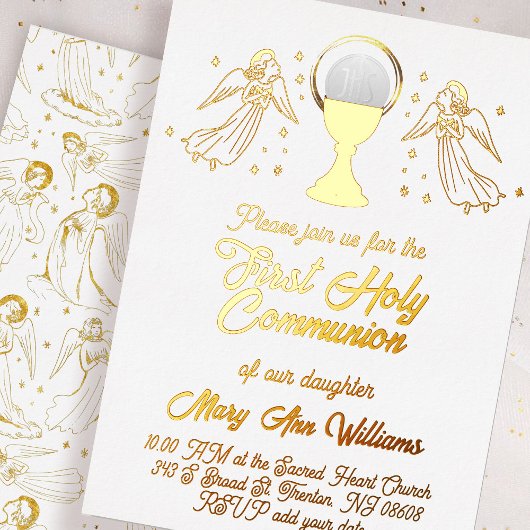 gold foil angels catholic Host First Communion Folie Uitnodiging