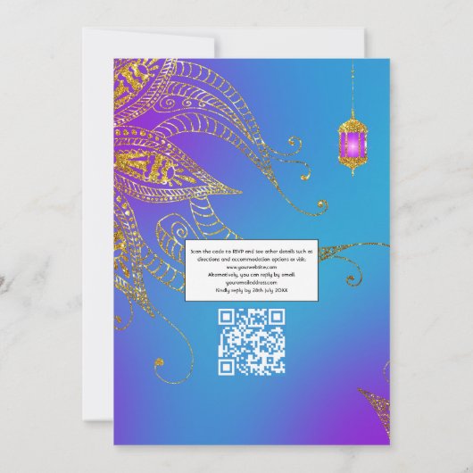 Gold Foil Arabian Bollywood QR Code RSVP Weddensch Kaart (Achterkant)