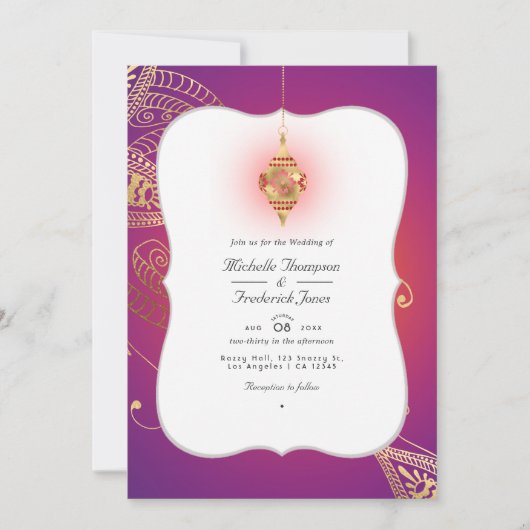 Gold Foil Arabian Bollywood QR Code RSVP Weddensch Kaart (Voorkant)