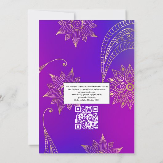 Gold Foil Arabian Bollywood QR Code RSVP Weddensch Kaart (Achterkant)