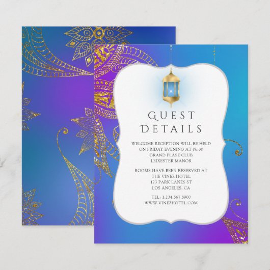 Gold Foil Arabian Bollywood Weduwest Details Informatiekaartje (Voorkant / Achterkant)