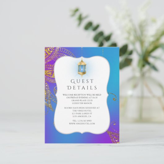 Gold Foil Arabian Bollywood Weduwest Details Informatiekaartje (Staand voorkant)