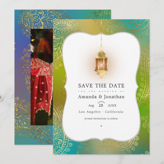 Gold Foil Arabian Bollywood Weduwfoto Save The Save The Date (Voorkant / Achterkant)