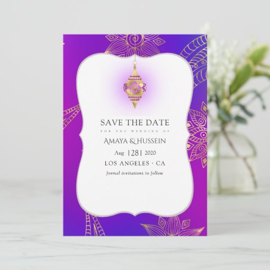 Gold Foil Arabian Bollywood Weduwschap Save The Date (Staand voorkant)