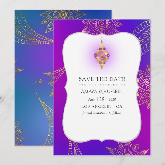 Gold Foil Arabian Bollywood Weduwschap Save The Date (Voorkant / Achterkant)