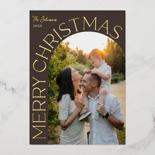 Gold Foil Arch Merry Christmas Photo Brown Folie Feestdagenkaart (Voorkant)