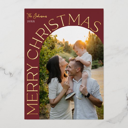 Gold Foil Arch Merry Christmas Photo Red Folie Feestdagenkaart (Voorkant)