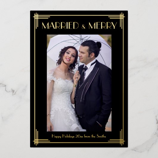 Gold Foil Art Deco - Gehuwd en vrolijk kerstkaartj Folie Uitnodiging (Voorkant)