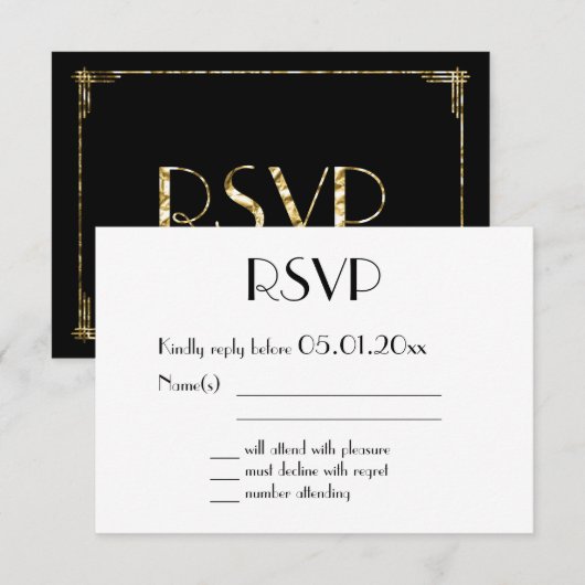 Gold Foil Art Deco Wedding RSVP Kaarten Black (Voorkant / Achterkant)