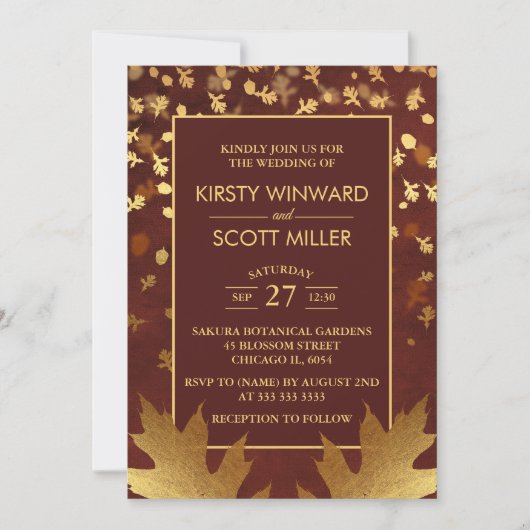 Gold Foil Autumn Fall Leaves Wedding Kaart (Voorkant)