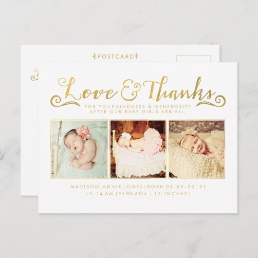 Gold Foil Baby Bedankt Sip & See Briefkaart (Voorkant / Achterkant)