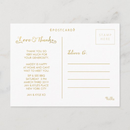 Gold Foil Baby Bedankt Sip & See Briefkaart (Achterkant)