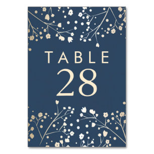 Gold Foil Baby's Breath Navy Wedding Table Numbers Kaart