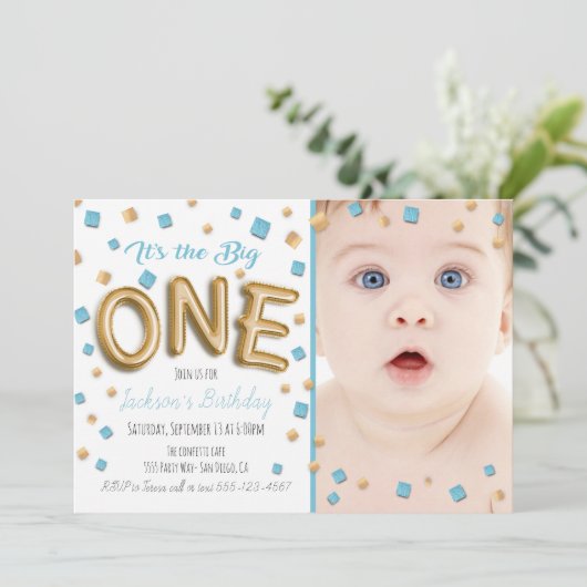 Gold Foil Ballon 1e verjaardag foto uitnodiging (Staand voorkant)