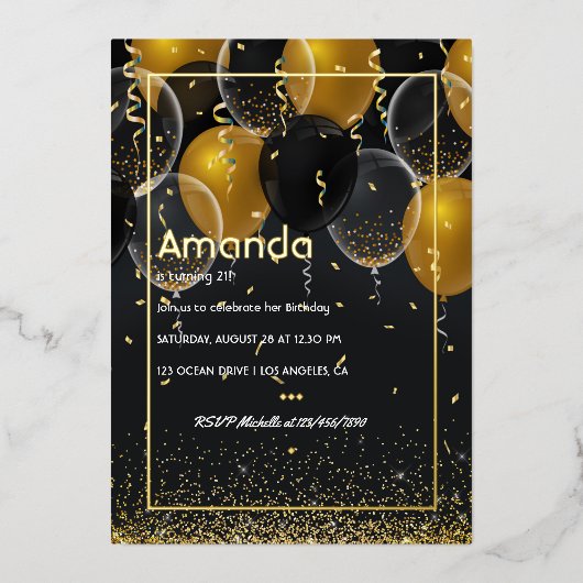 Gold Foil Ballon Birthday Folie Uitnodiging (Voorkant)