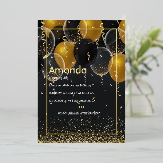 Gold Foil Ballon Birthday Folie Uitnodiging (Staand Voorkant)