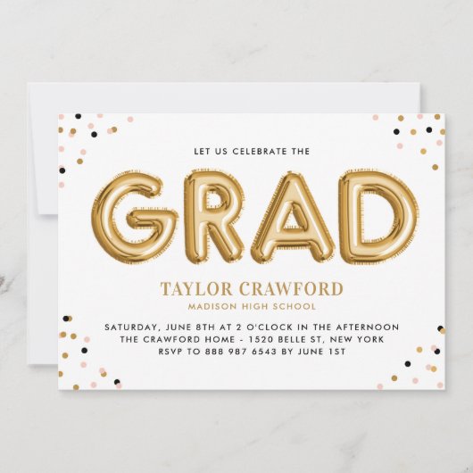Gold Foil Ballon Confetti Stippen Graduparty Kaart (Voorkant)