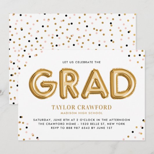 Gold Foil Ballon Confetti Stippen Graduparty Kaart (Voorkant / Achterkant)